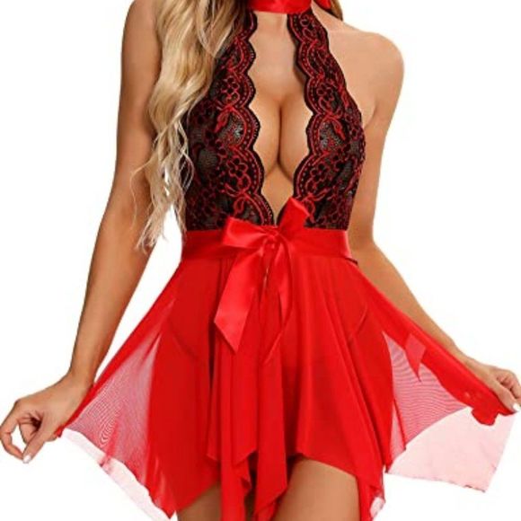 RSLOVE Women Lingerie Lace Babydoll Sexy Chemise Halter Teddy Mesh Sleepwear - Picture 5 of 5